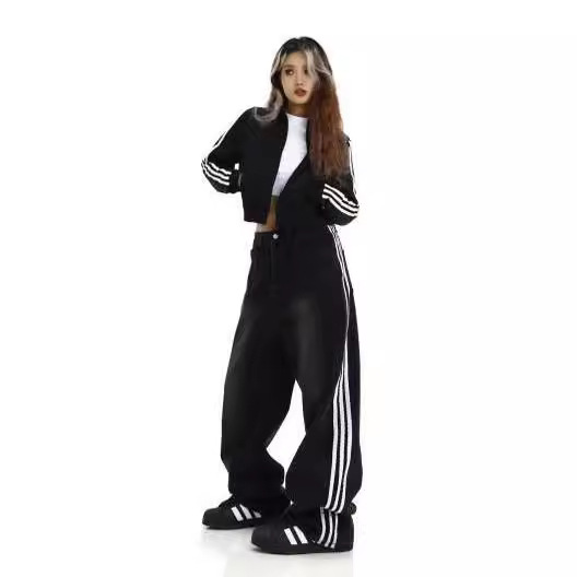 2023 primavera nuevo americano retro de tres barras de perfil lavado azul de pierna ancha jeans rectos para hombres