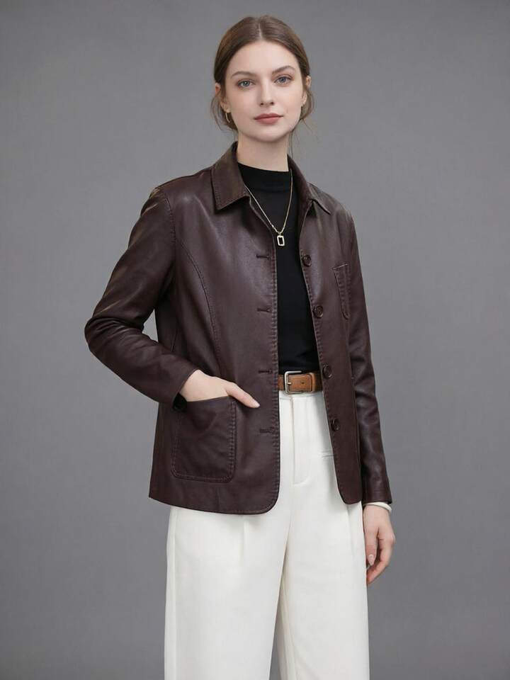 Áo khoác da nữ dáng ôm cổ polo một hàng cúc, tay công chúa, dài áo 50–65 cm — Màu cà phê, Mẫu lót lông màu cà phê, Mẫu lót lông màu đen, màu đen chi tiết 5