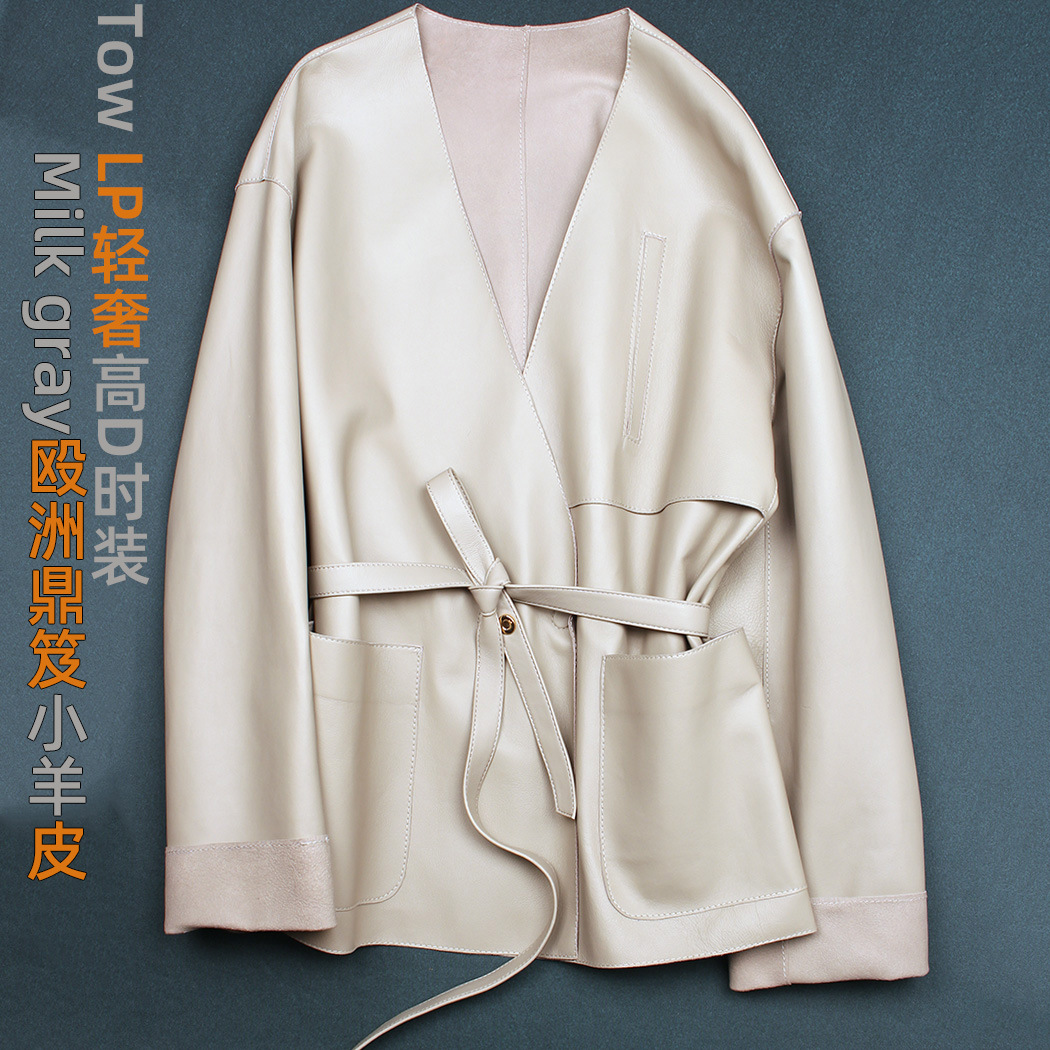 Uncoated Sheepskin Short Genuine Leather Jacket for Women, 2025 Spring and Autumn New Style, V-Neck, Thin Belt, Magnetic Closure Jacket