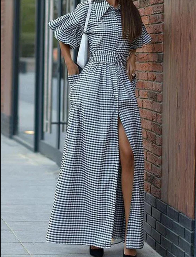 Women's Christmas Themed Long Casual Fashion Shirt Dress In Green And Red Plaid_ecoleips.com