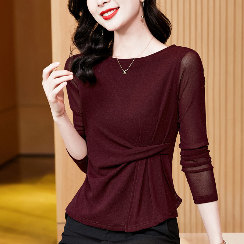 2025 New Autum Style Versatile One-Line Collar Pure Color Elegant Mesh Long-Sleeved Bottoming Shirt T-Shirt for Women