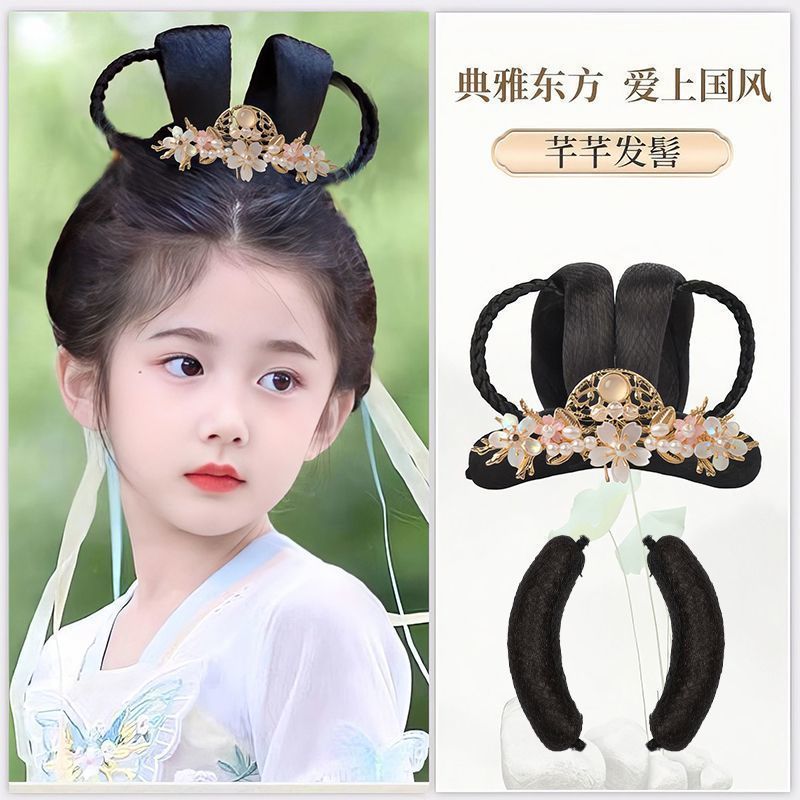子供用古代衣装ヘアピース、かわいい女の子用漢服風ヘアピースセット、シンプルで多用途な古代風おだんごヘアバッグ|undefined