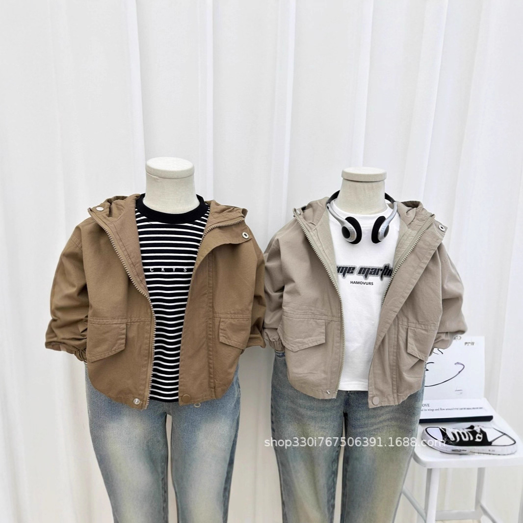 童装男童连帽外套春秋新款风衣韩版儿童棉布纯色休闲上衣新款开衫