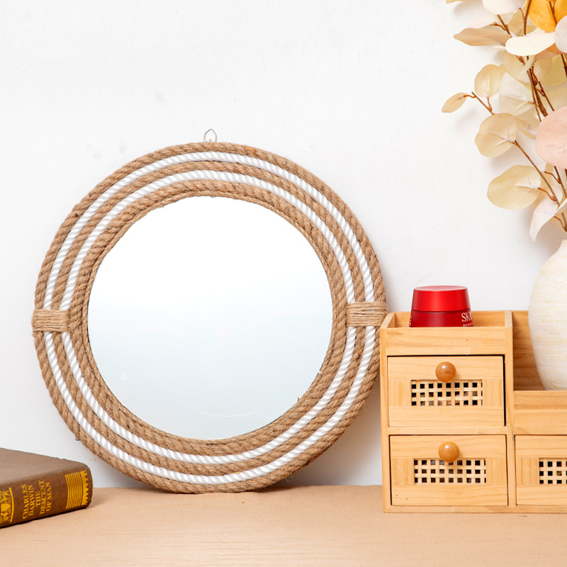 Espejo redondo de cuerda de cáñamo estilo ins casa de familia decoración de pared baño espejo colgante escritorio maquillaje espejo fotografía venta caliente transfronteriza
