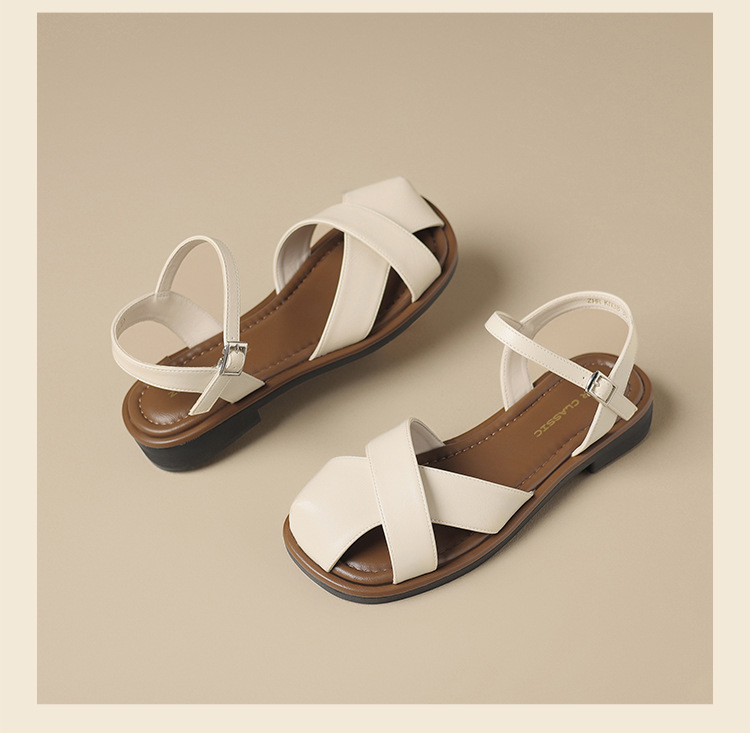 Sandal nữ quai ngang kiểu La Mã phong cách Pháp, mũi hở bán bít, đế bằng thoáng khí — KN38 màu be chi tiết 22