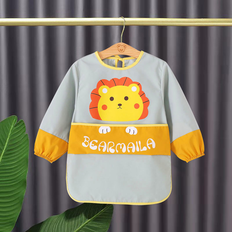 Children's long-sleeved waterproof smock, child's personalized apron, baby's eating clothes, mid-length bib, spring, autumn and winter