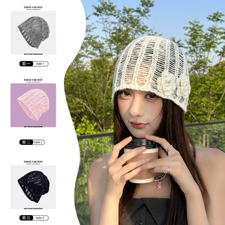 2025春夏新款韩国立体花朵镂空粉色针织帽女小众显脸小包头毛线帽