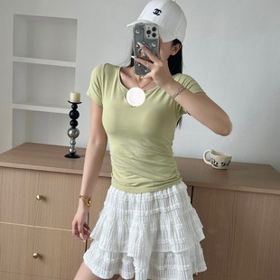 Ice Cream Pleated Bubble Slim Seamless V-neck Short Sleeve Self-built Fixed Coaster Daily Wear Top for Women