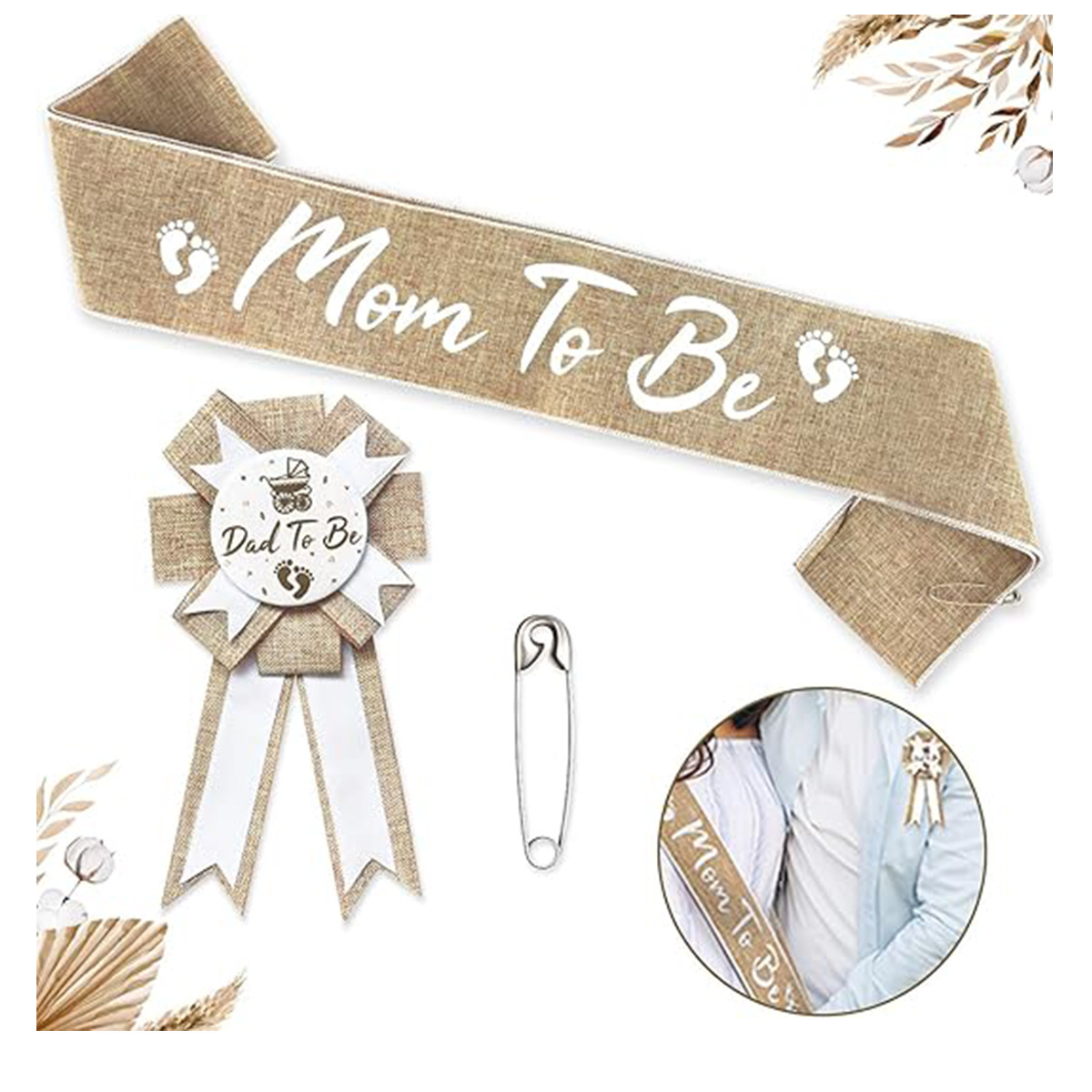 baby shower系列麻布材质肩带胸章 mom to be肩带 dad to be胸章