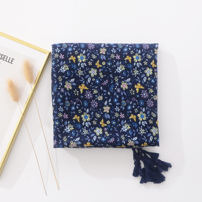 Vintage estilo étnico púrpura mariposa azul pequeña bufanda de seda floral cáñamo impreso artístico todo-fósforo chal de algodón y lino sensación bufanda