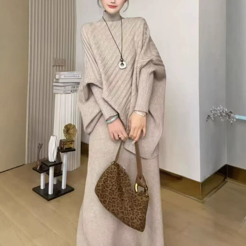 Half-High Collar Batwing Sleeve Knit Suit for Women, New Spring and Autumn Style, Elegant Socialite Pullover Sweater + Skirt Two-Piece Set Half-High Collar Batwing Sleeve Knit Suit for Women, New Spring and Autumn Style, Elegant Socialite Pullover Sweater + Skirt Two-Piece Set