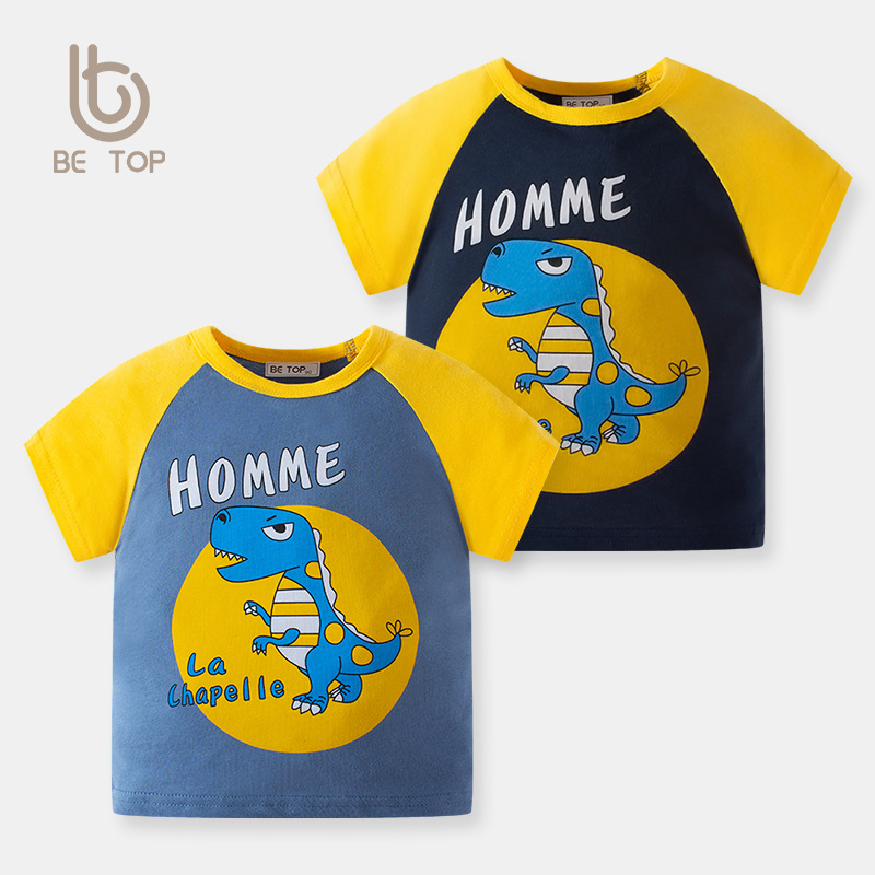 Camiseta de manga corta para niños nueva camiseta de verano de manga de dinosaurio de dibujos animados de estilo coreano superior de algodón de bebé de color a juego entrega de ropa