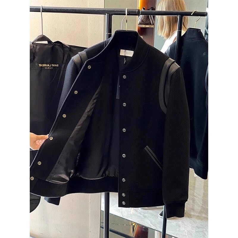 Men's Autumn Fashion Trendy Leather Contrast Wool Baseball Jacket with Shoulder Pads, Short Style, Stylish and High-End