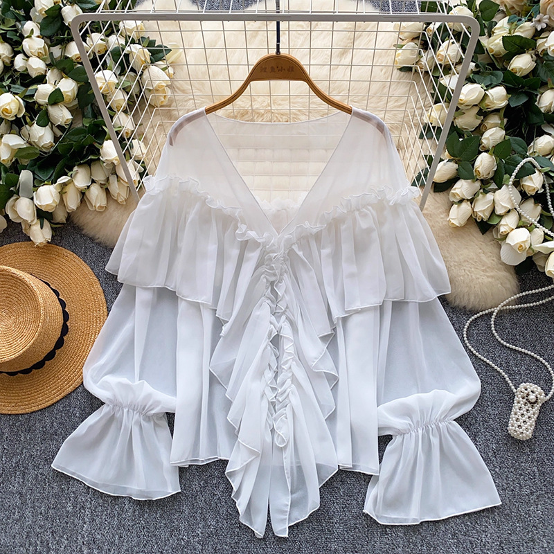 Summer Elegant Lazy Style Socialite Ruffled Trim Flared Sleeve Chiffon Blouse Loose Shirt Women's Clothing Tops_ecoleips.com