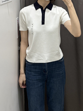 日单女装棉莫代尔混纺POLO领拼色针织衫/短袖毛衣26新款AL485224