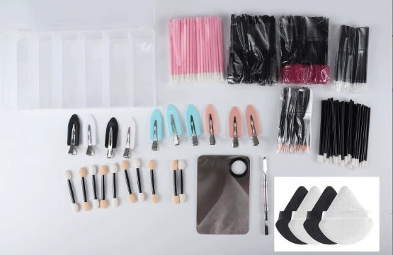 275 sets (50 black eyelashes brush 50 rose red eyelashes brush 50 black lip brush 50 pink lip brush, 10 eyeliner, 4 eye shadow rods 4 pink puff 10 clip 1 color mixing