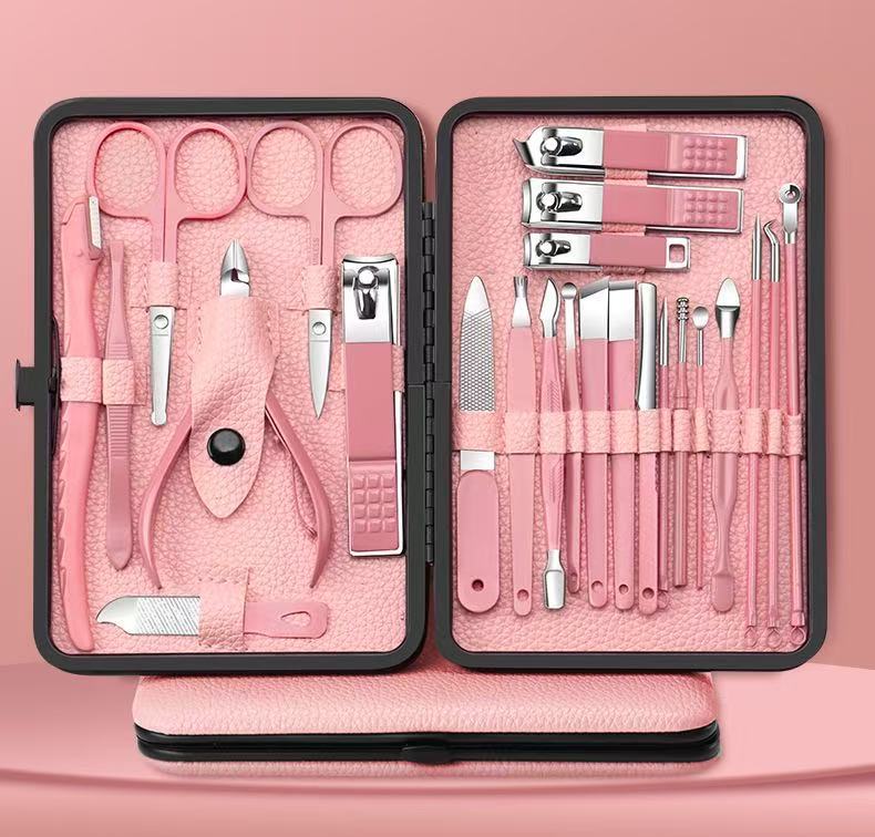 Ready stock litchi pattern 24-piece set manicure and manicure tool frame bag nail clipper full set professional stainless steel dead skin shears