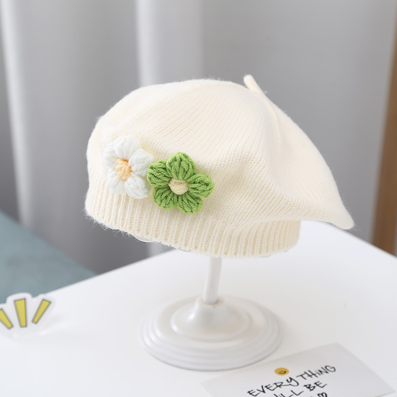 Bebé niña sombrero otoño e invierno Bebé boina de punto lindo pequeño flor de la niña del sombrero del pintor de lana de los niños sombrero de moda