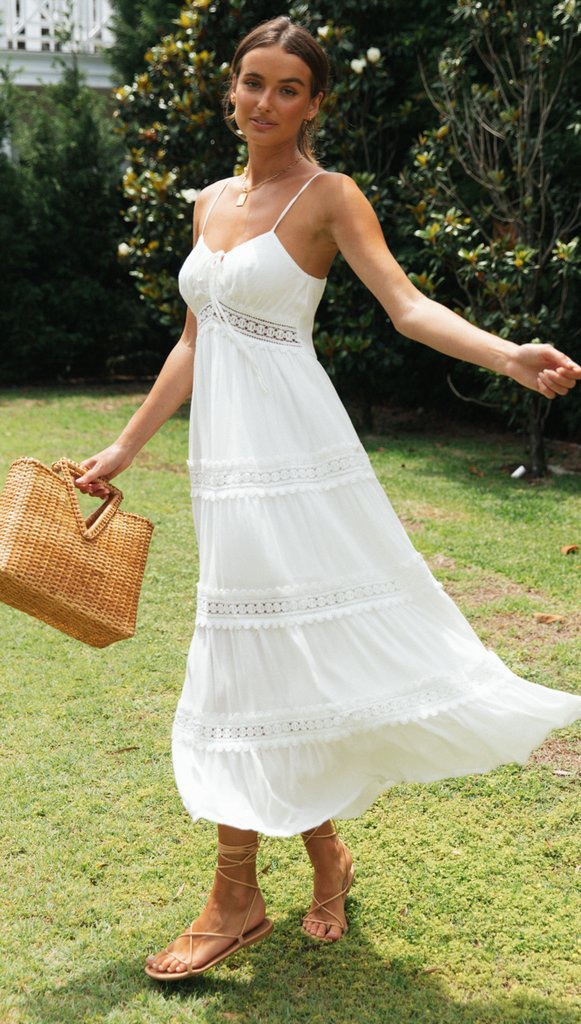 2024 Independent Store New Women's Bohemian Style Strap Dress With Lace Trim And Large Hem_ecoleips.com