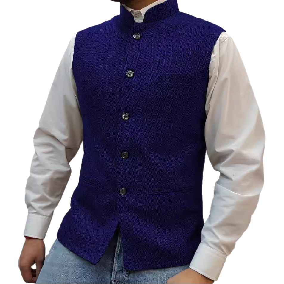 Cross-Border Preferred Men's Vest, Stand Collar, Zhongshan Style Vest, Herringbone Pattern Vest, Factory Direct Sale, Ready-Made Vest