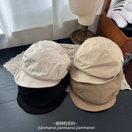 纯色单边松紧褶皱帽子日系棉麻透气款贝雷帽凹造型街头小众画家帽