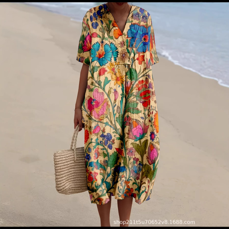 Beach Dress, Loose Long Dress, Seaside Vacation Robe, in Stock, V-Neck, Plus Size, Vacation Style, New Print