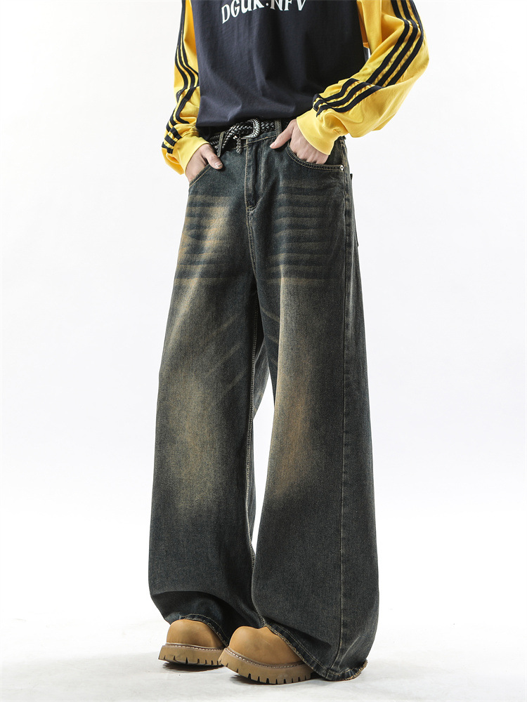 美式复古蓝牛仔裤男潮牌宽松痞帅青少年显瘦微喇阔腿拖地vibe裤子