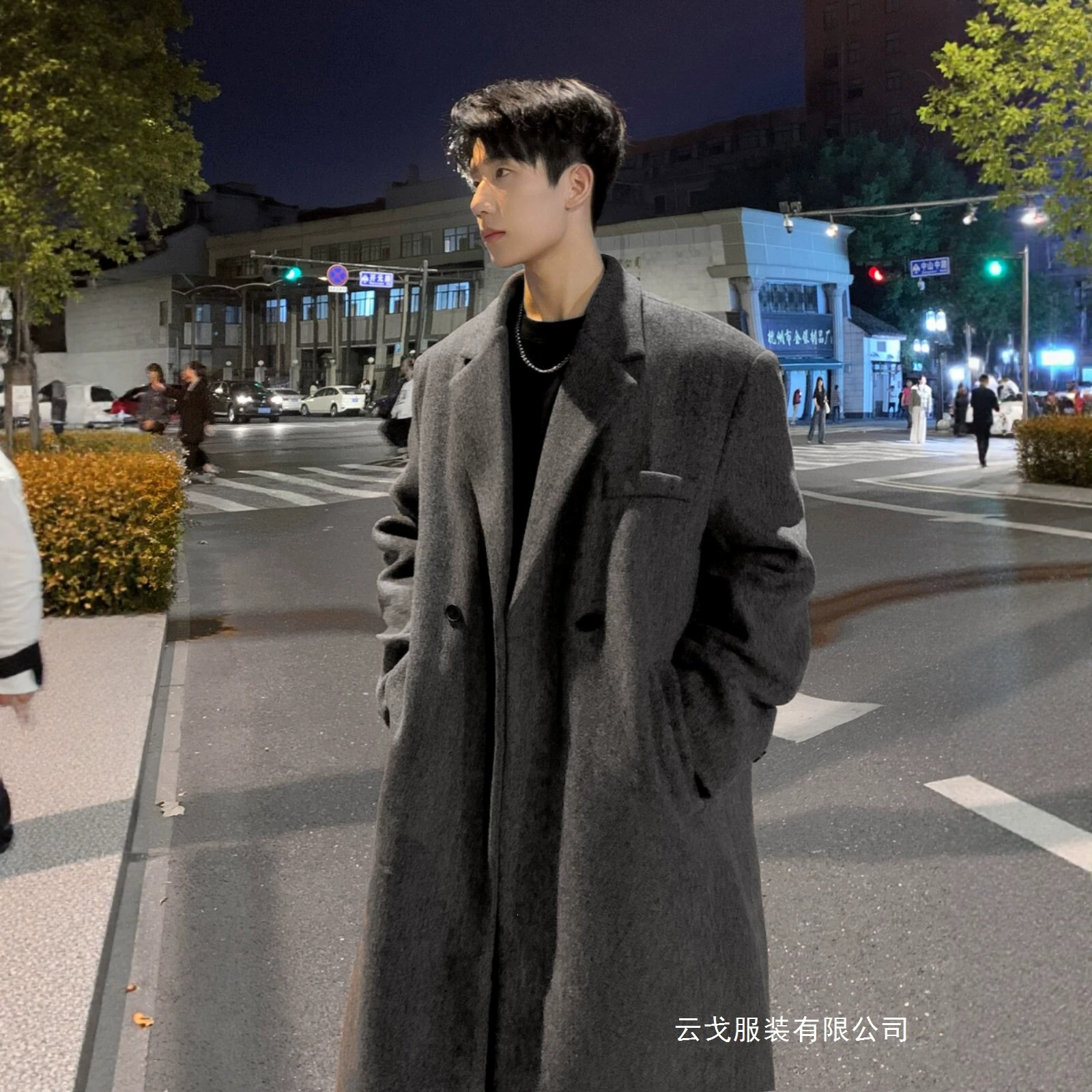 Men's grey wool overcoat, mid-length, thick, loose, over-the-knee, Korean style wool suit jacket, suitable for autumn and winter.