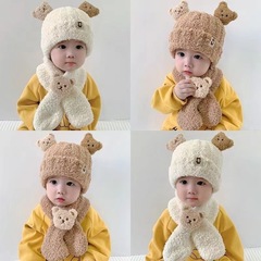 秋と冬の子供用クマのぬいぐるみ帽子とスカーフの2点セットとベルベットの暖かいスカーフ、かわいい赤ちゃん漫画