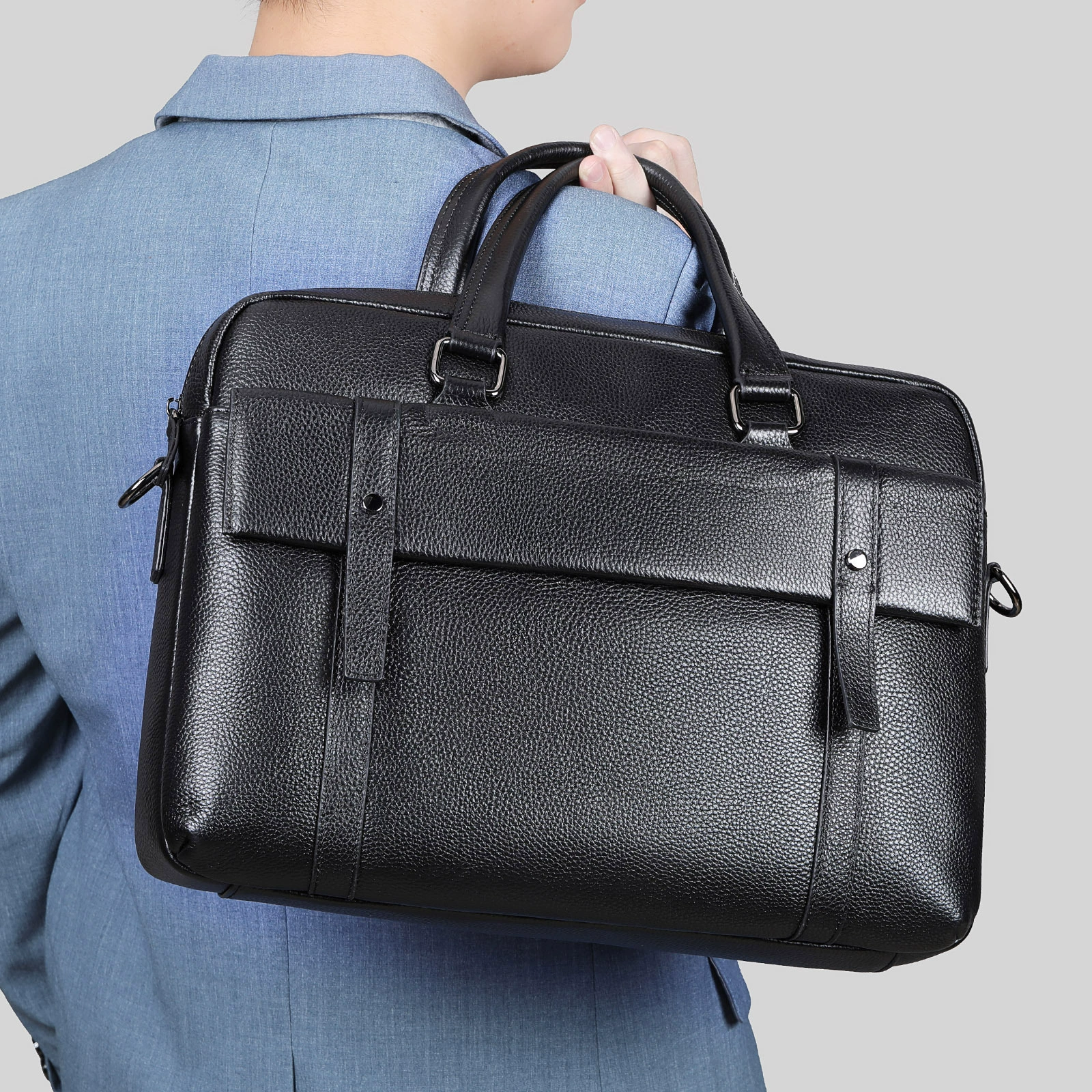 Capacious leather laptop, shoulder bag, genuine leather, business version