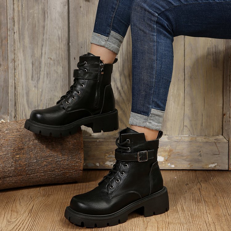 New autumn winter British style motorcycle boots thick soled belt buckle vintage ankle boots plus size_voghion.com