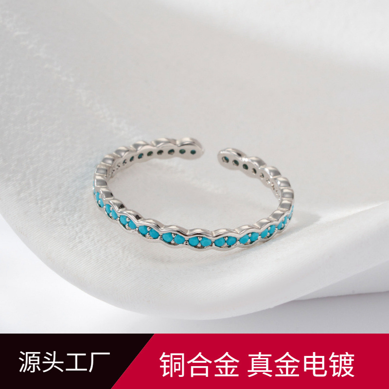 Factory direct supply of fresh wave pattern inlaid blue zircon open ring for women, copper alloy thin ring, versatile ring wholesale Factory direct supply of fresh wave pattern inlaid blue zircon open ring for women, copper alloy thin ring, versatile ring wholesale