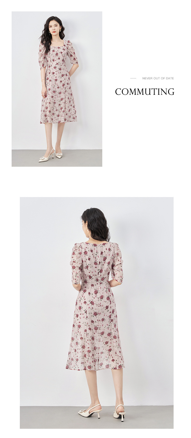Váy maxi nữ thắt eo tay lỡ in họa tiết chất Tencel Crepe phong cách Pháp — Màu hồng chi tiết 10