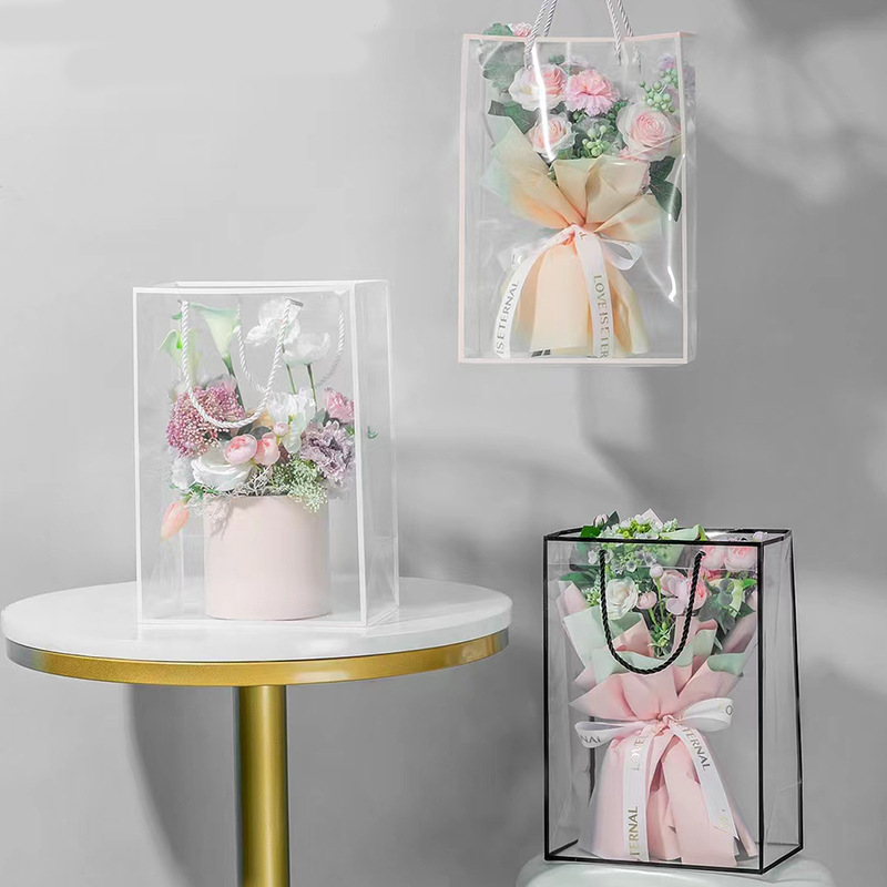 教師節手拎全透明邊框鮮花花束手提袋花漾禮品袋櫥窗袋花店用品