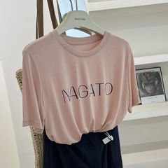 超手触りモーデール夏の新型肩半袖tシャツ女性のゆるいプリントのペンダント感が薄い上着を隠している