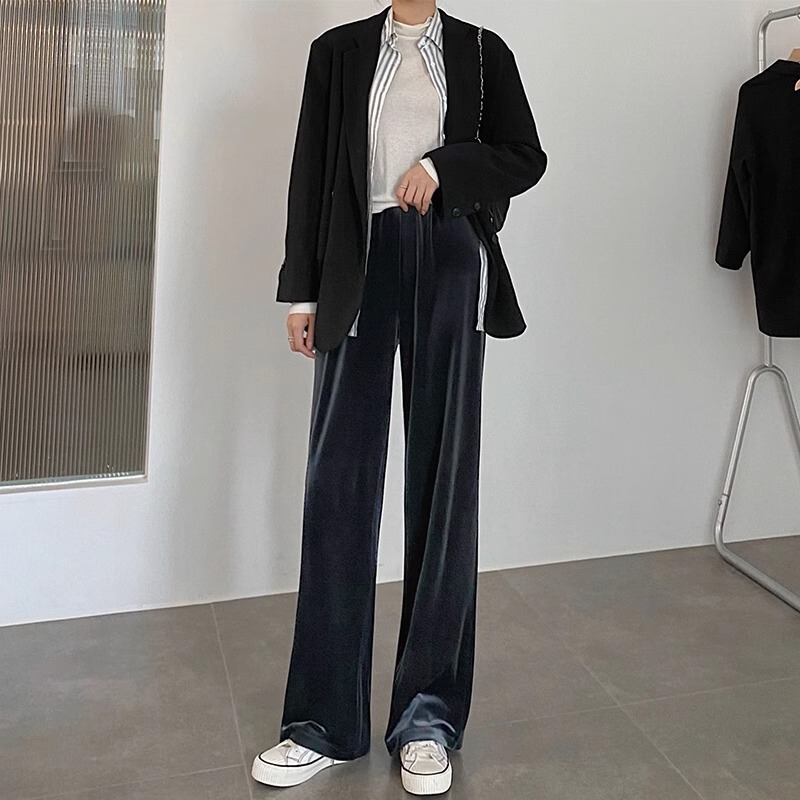 高腰金丝绒窄版阔腿裤女2025春秋款加厚外穿垂感百搭直筒休闲裤子|undefined