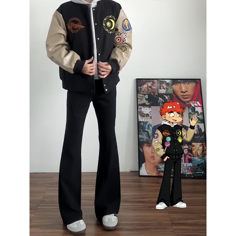 Black Slim Straight-Leg Casual Trousers for Men, Autumn and Winter Thickened Suit Pants with Fleece