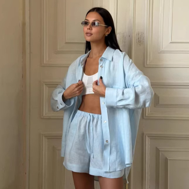 2026 Spring and Autumn New Style Casual Pure Cotton Loose Long-Sleeved Shirt and Shorts Set European and American Cross-Border Women's Two-Piece Set 2026 Spring and Autumn New Style Casual Pure Cotton Loose Long-Sleeved Shirt and Shorts Set European and American Cross-Border Women's Two-Piece Set