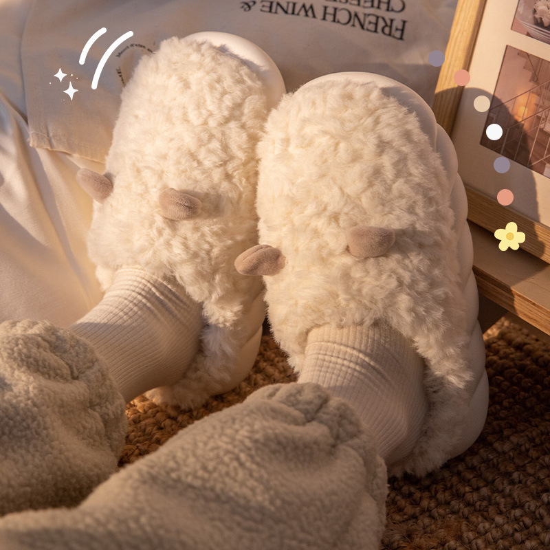 Qidan shoes factory cotton slippers women's winter cute horn indoor home plush warm fleece-lined couple slippers men