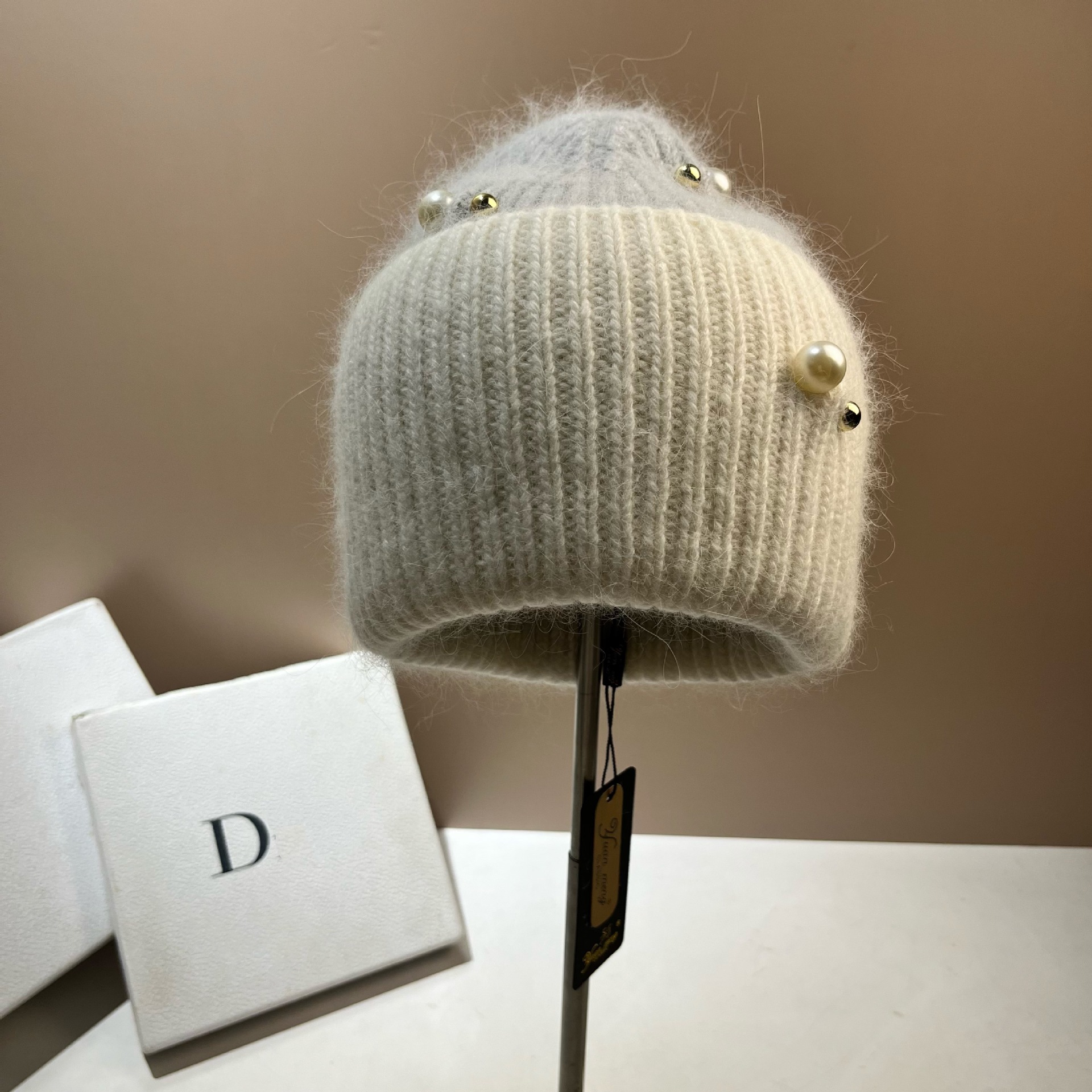 Winter Kleine Duftende Perle Farbe blockiert Warm Kalt Nordisch Dick Doppelschicht Angora Kaninchen Haar Strickmütze_voghion.com