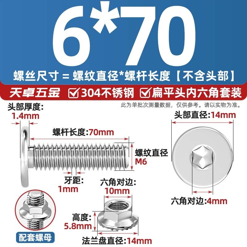 304不锈钢CM大平头超薄头C头扁平头内六角螺丝钉法兰边螺母套装M5|undefined