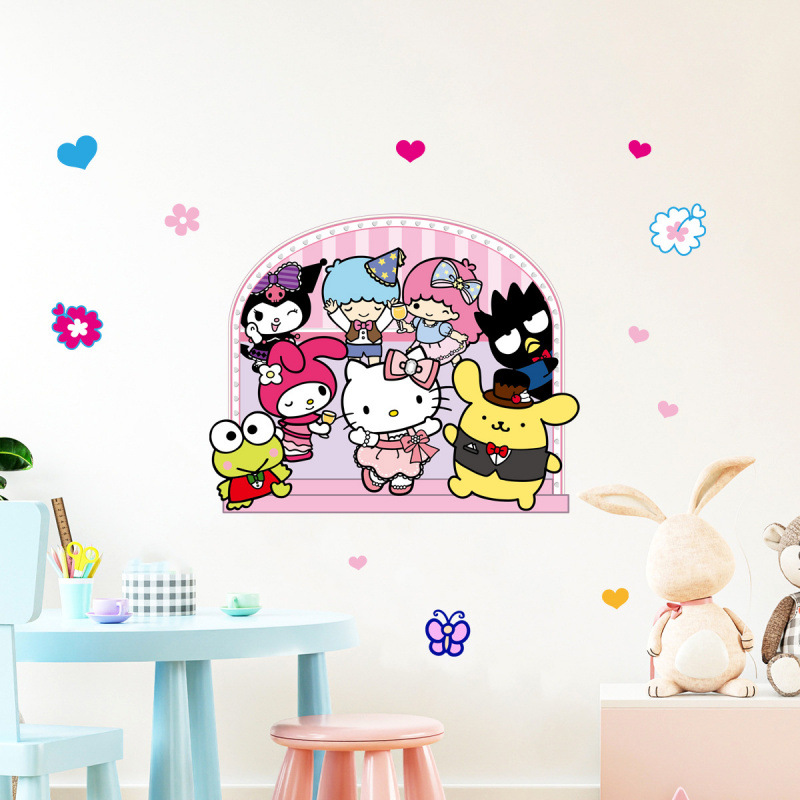 그림 산리오 벽 스티커 홈 거실 침실 어린이 벽 침대 장식 그림 큰 귀 개 KT 고양이 아치 벽지