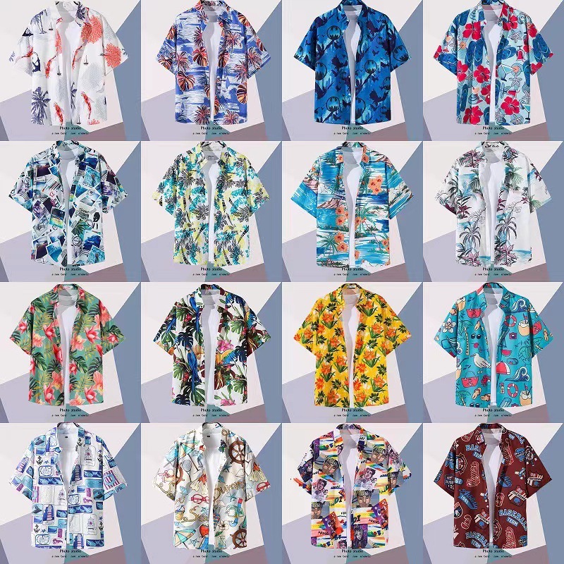 Summer Beach floral hombres y mujeres camisa delgada ins moda hawaiana transfronteriza suelta tie-dyed manga corta pareja camisa
