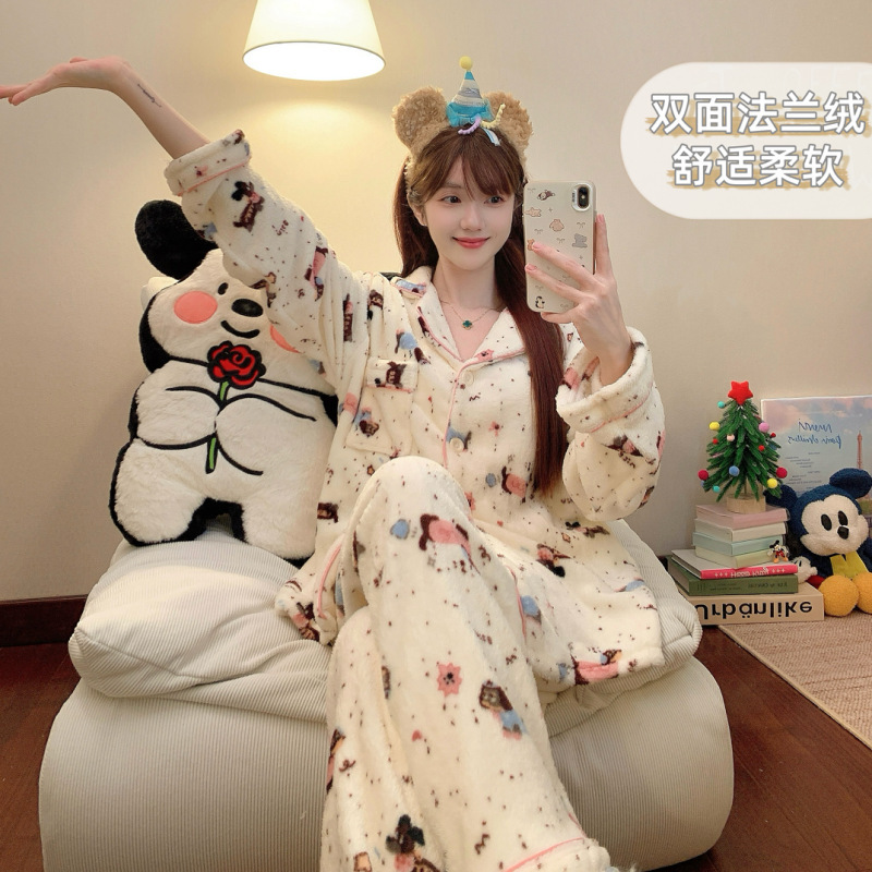 法兰绒睡衣女秋冬季新款韩系卡通条纹长袖加厚保暖少女家居服套装|undefined