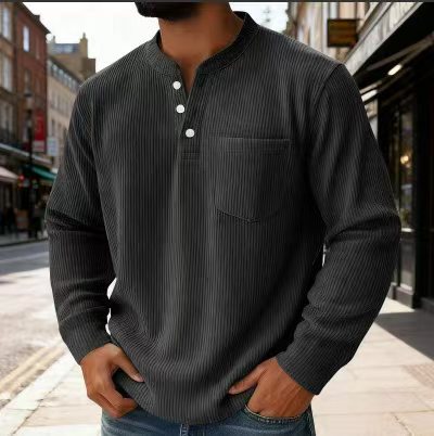 Men's Corduroy Polo Shirt Solid Colour Three-button Collar Top_voghion.com
