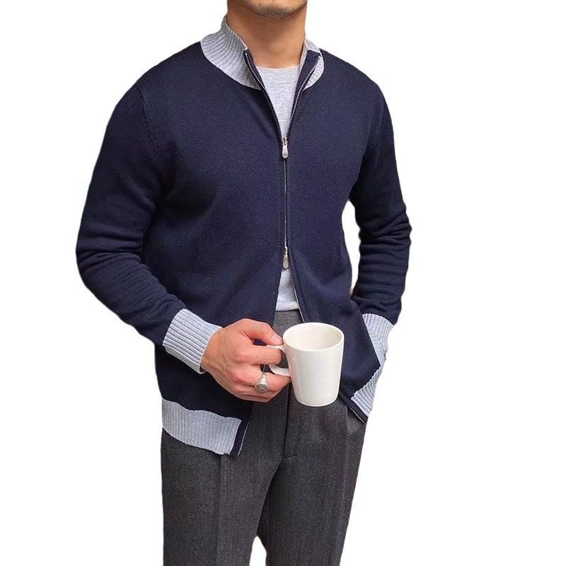 Color Blocked Double Zipper Knitted Sweater Men's Sweater Jacket Stand Up Collar Slim Fit Casual Cardigan Top_voghion.com