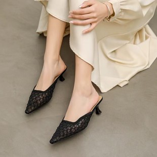 Fashion Versatile French Woven Mesh Hollow Toe Sandals for Women 2025 New Gentle Temperament Square Toe Mules