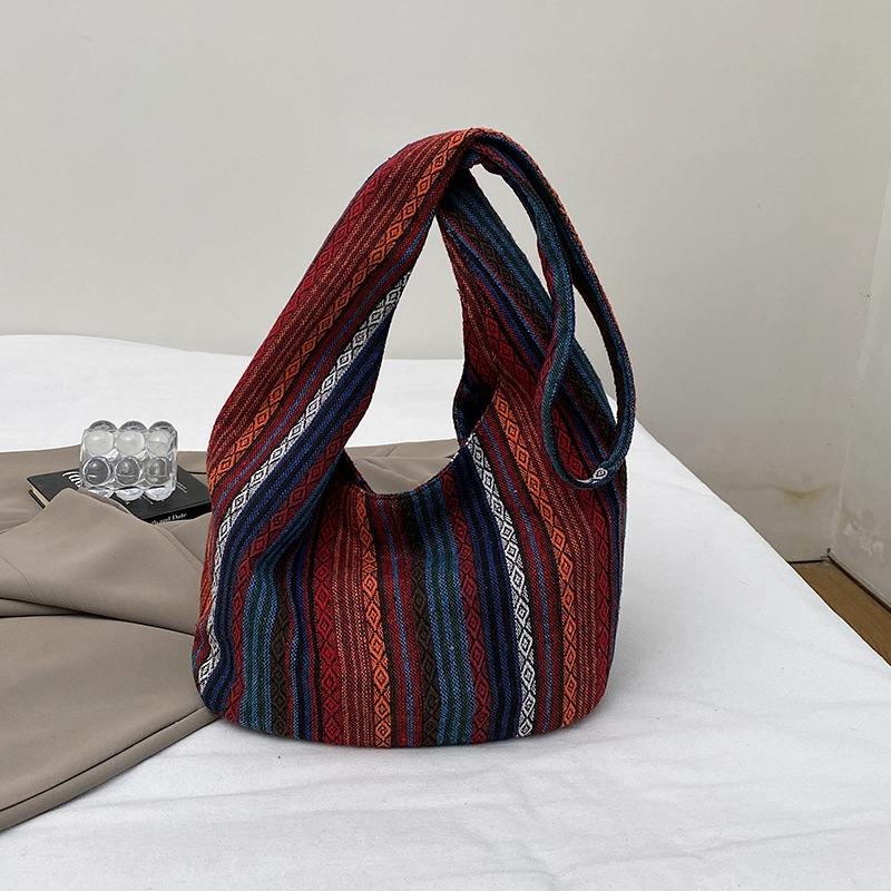 2025 春レトロエスニックスタイル刺繍バックパックストライプ大容量キャンバスバッグ多目的クロスボディホーボーバッグ|undefined