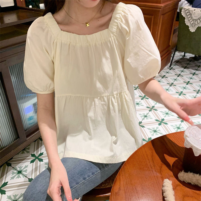 New Korean Style Simple Style Student Shirt Women's Short-Sleeved Summer Elastic Square Collar Solid Color Petite Baby Doll Top New Korean Style Simple Style Student Shirt Women's Short-Sleeved Summer Elastic Square Collar Solid Color Petite Baby Doll Top