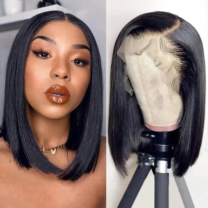 Amazon cross-border new front lace bob wig short straight hair high temperature silk chemical fiber headgear 13*4 wave head